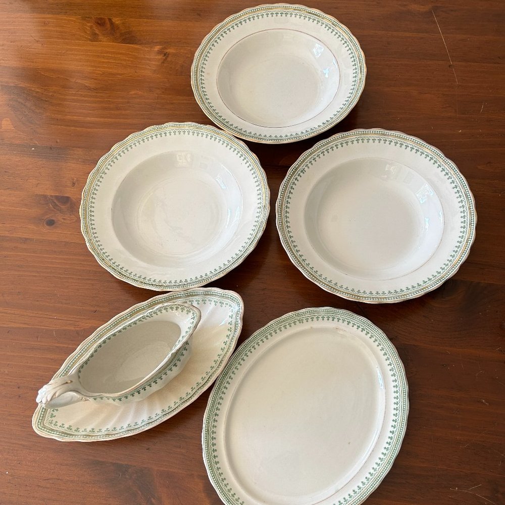 Antique Trefoil by Furnivals Set of 3 Soup Bowls, Plate and Gravy Boat